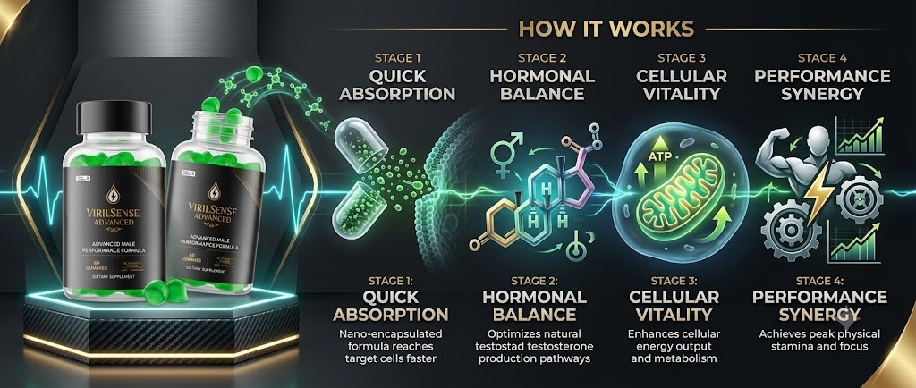 VirilSense four-stage how it works: quick absorption, hormonal balance, cellular vitality, performance synergy